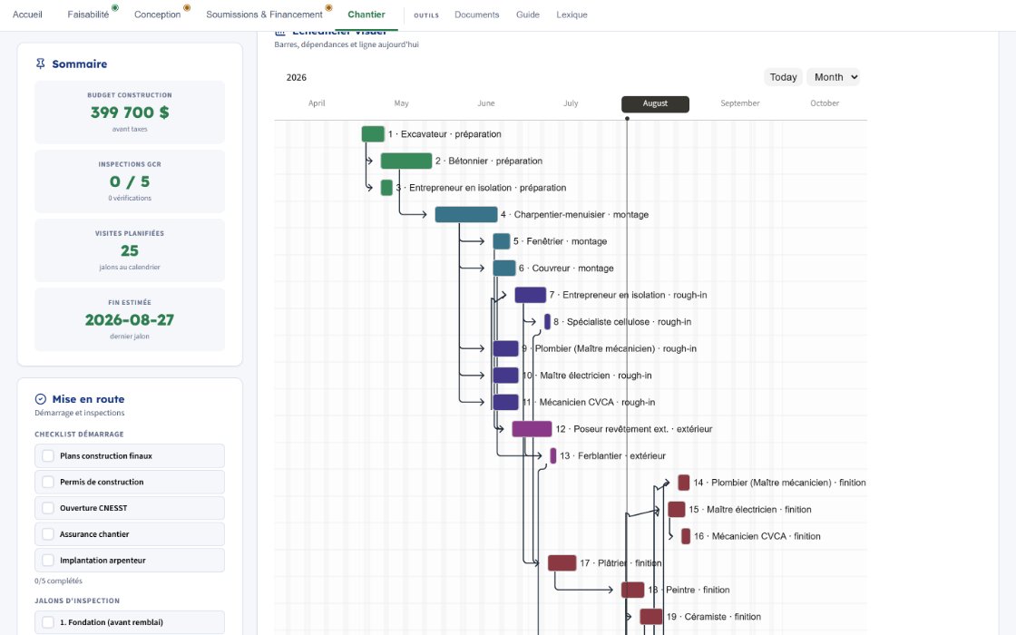 Écran de chantier : sommaire budgétaire et diagramme de Gantt avec dépendances
