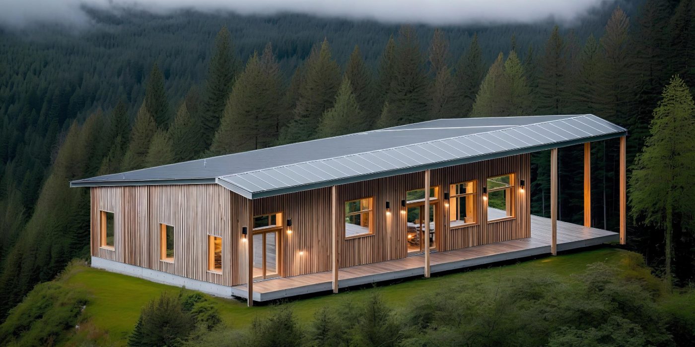 Maison passive en bois au crépuscule, adossée à la forêt